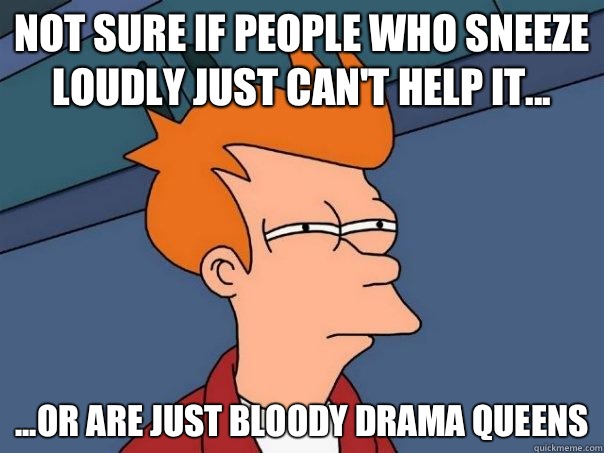 Not sure if people who sneeze loudly just can't help it... ...or are just bloody drama queens  Futurama Fry