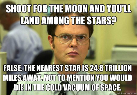 Shoot for the moon and you'll land among the stars? False. The nearest star is 24.8 trillion miles away. Not to mention you would die in the cold vacuum of space.  Dwight