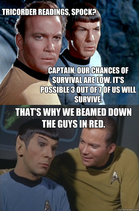 Captain, our chances of survival are low. It's possible 3 out of 7 of us will survive. Tricorder readings, Spock? That's why we beamed down the guys in red. - Captain, our chances of survival are low. It's possible 3 out of 7 of us will survive. Tricorder readings, Spock? That's why we beamed down the guys in red.  Kirk and Spock