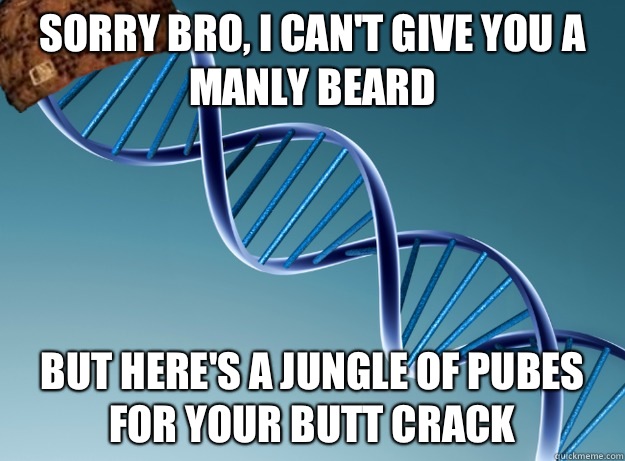 Sorry bro, I can't give you a manly beard But here's a jungle of pubes for your butt crack  Scumbag Genetics