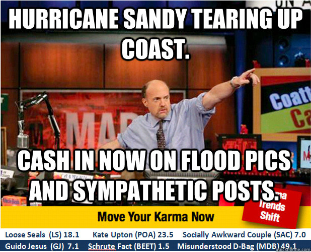 Hurricane Sandy Tearing up Coast. Cash in now on flood pics and sympathetic posts. - Hurricane Sandy Tearing up Coast. Cash in now on flood pics and sympathetic posts.  Jim Kramer with updated ticker