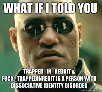 what if i told you trapped_in_reddit & fuck_trappedinredit is a person with dissociative identity disorder  Matrix Morpheus
