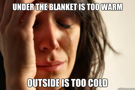 Under the blanket is too warm Outside is too cold  First World Problems