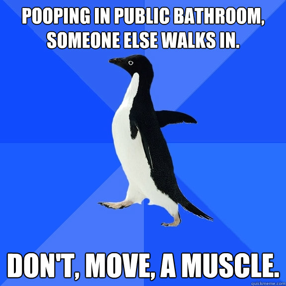 Pooping in public bathroom, someone else walks in. Don't, move, a muscle.  Socially Awkward Penguin
