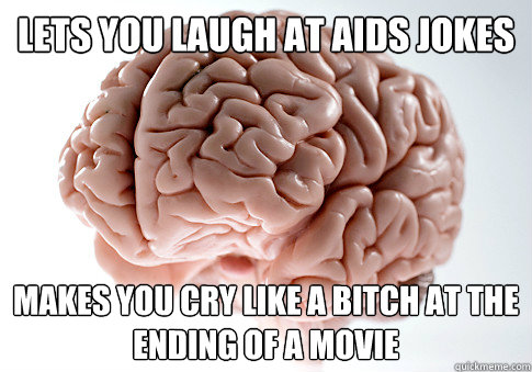 lets you laugh at aids jokes makes you cry like a bitch at the ending of a movie  Scumbag Brain