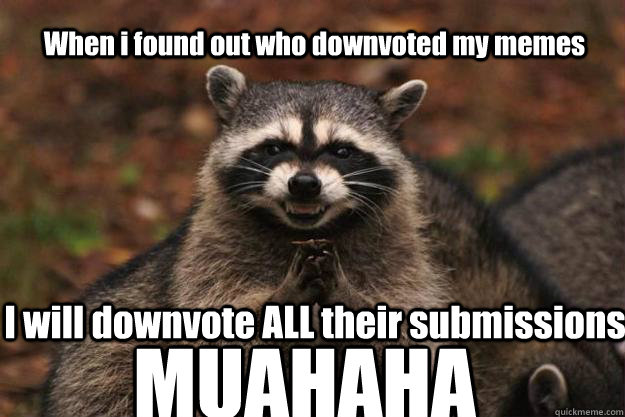 When i found out who downvoted my memes I will downvote ALL their submissions MUAHAHA  Evil Plotting Raccoon