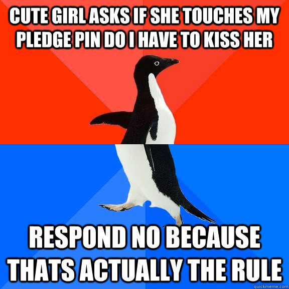 Cute girl asks if she touches my pledge pin do i have to kiss her Respond no because thats actually the rule  Socially Awesome Awkward Penguin