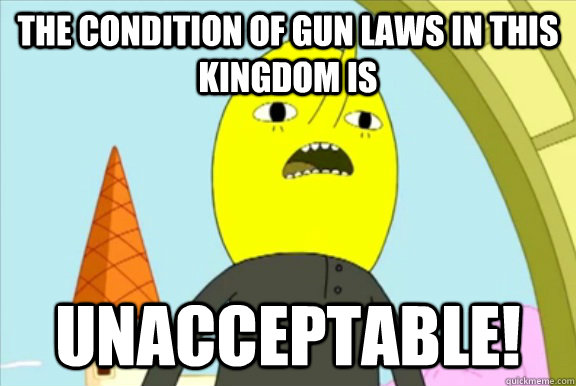 The condition of gun laws in this kingdom is UNACCEPTABLE!  Lemongrab- Unacceptable