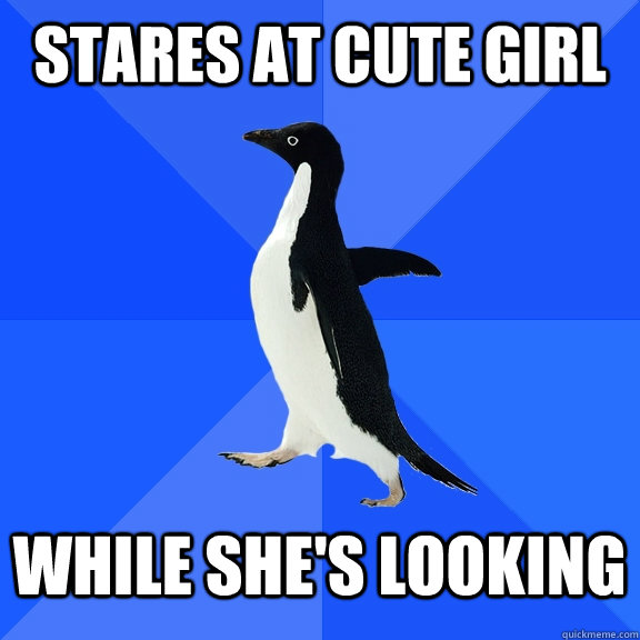 Stares at cute girl While she's looking - Stares at cute girl While she's looking  Socially Awkward Penguin