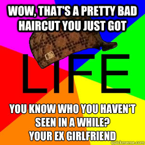 Wow, that's a pretty bad haircut you just got you know who you haven't seen in a while?
your ex girlfriend  Scumbag Life