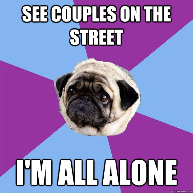 See couples on the street I'm all alone  Lonely Pug