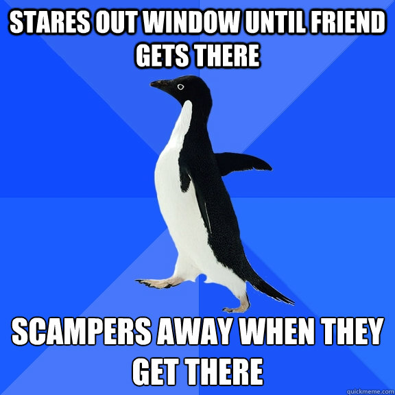 stares out window until friend gets there scampers away when they get there  Socially Awkward Penguin