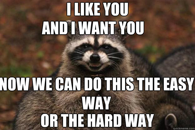 I like you And i want you Now we can do this the easy or the hard way way  Evil Plotting Raccoon