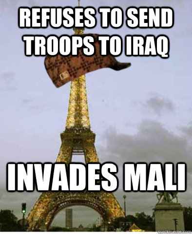Refuses to send troops to Iraq Invades Mali  