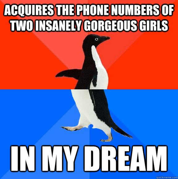 Acquires the phone numbers of two insanely gorgeous girls In my dream  Socially Awesome Awkward Penguin