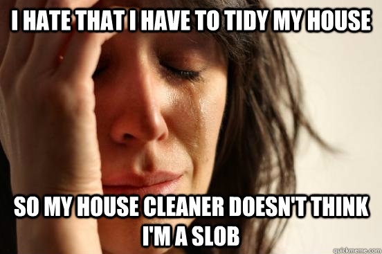 I hate that I have to tidy my house So my house cleaner doesn't think I'm a slob  First World Problems