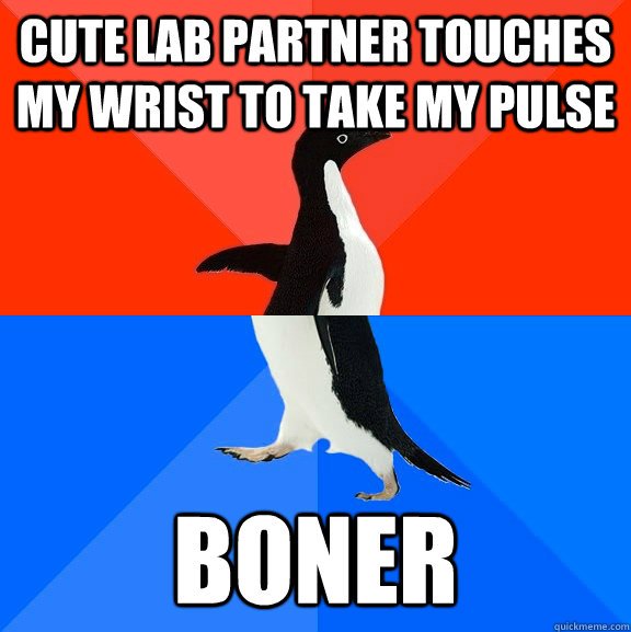 Cute Lab partner touches my wrist to take my pulse Boner Socially Awesome Awkward Penguin