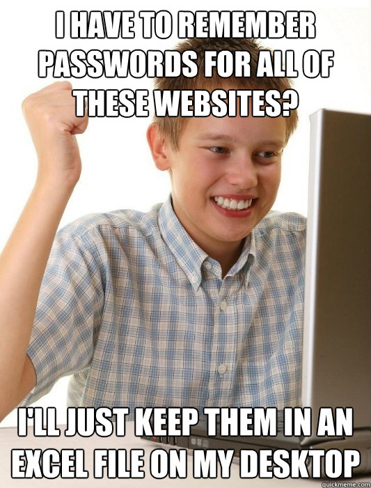 I have to remember passwords for all of these websites? I'll just keep them in an excel file on my desktop - I have to remember passwords for all of these websites? I'll just keep them in an excel file on my desktop  First Day on the Internet Kid
