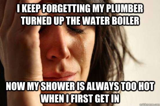 I Keep forgetting my plumber turned up the water boiler Now my shower is always too hot when I first get in - I Keep forgetting my plumber turned up the water boiler Now my shower is always too hot when I first get in  First World Problems