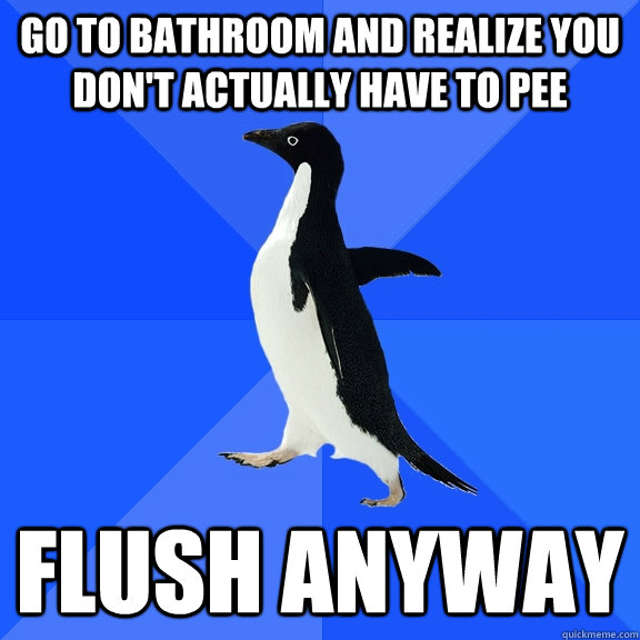 Go to bathroom and realize you don't actually have to pee flush anyway - Go to bathroom and realize you don't actually have to pee flush anyway  Socially Awkward Penguin