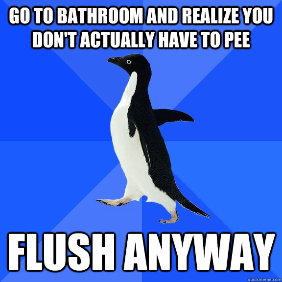Go to bathroom and realize you don't actually have to pee flush anyway  Socially Awkward Penguin