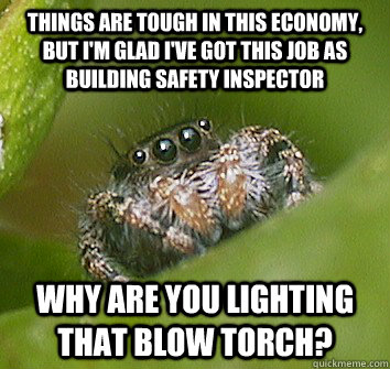 Things are tough in this economy, but I'm glad I've got this job as building safety inspector why are you lighting that blow torch? - Things are tough in this economy, but I'm glad I've got this job as building safety inspector why are you lighting that blow torch?  Misunderstood Spider