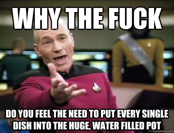 Why the fuck Do you feel the need to put every single dish into the huge, water filled pot  Annoyed Picard HD