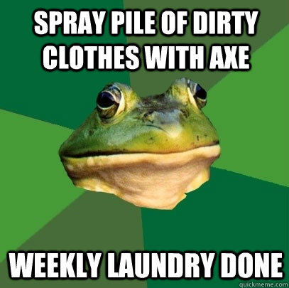 Spray pile of dirty clothes with axe Weekly laundry done  Foul Bachelor Frog