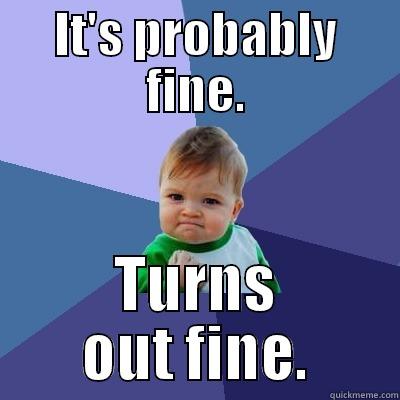 IT'S PROBABLY FINE. TURNS OUT FINE. Success Kid