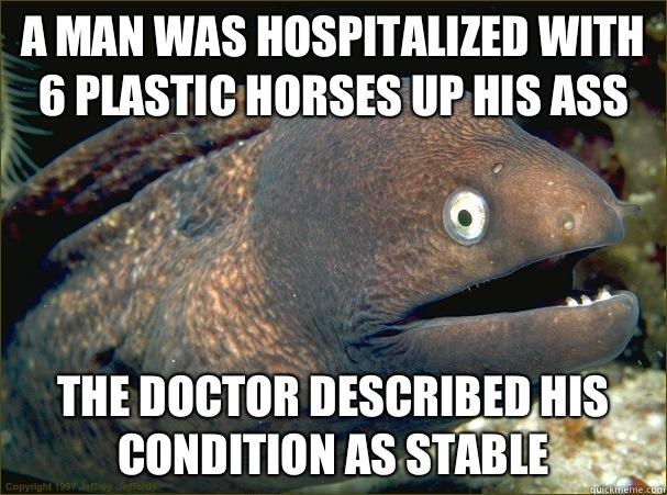 A man was hospitalized with 6 plastic horses up his ass The doctor described his condition as stable  