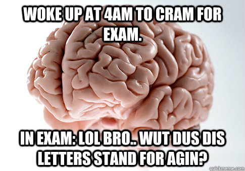woke up at 4am to cram for exam. in exam: lol bro.. wut dus dis letters stand for agin? - woke up at 4am to cram for exam. in exam: lol bro.. wut dus dis letters stand for agin?  Scumbag Brain