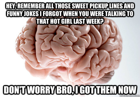 hey, remember all those sweet pickup lines and funny jokes i forgot when you were talking to that hot girl last week? don't worry bro, I got them now  - hey, remember all those sweet pickup lines and funny jokes i forgot when you were talking to that hot girl last week? don't worry bro, I got them now   Scumbag Brain