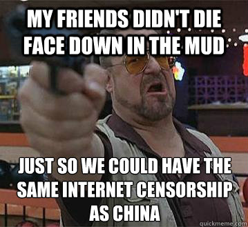 my friends didn't die face down in the mud just so we could have the same internet censorship as china
   Pedantic Walter