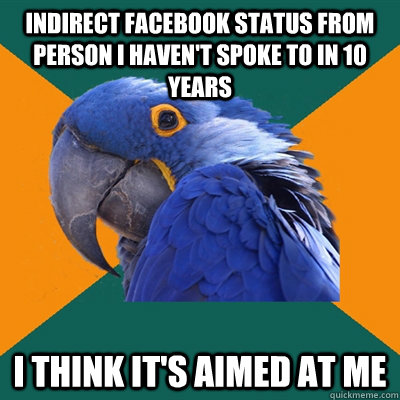 Indirect facebook status from person I haven't spoke to in 10 years I think it's aimed at me  Paranoid Parrot