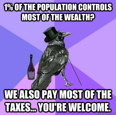 1% of the population controls most of the wealth? We also pay most of the taxes... You're welcome.  Rich Raven