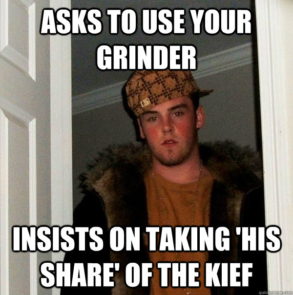 ASKS TO USE YOUR GRINDER INSISTS ON TAKING 'HIS SHARE' OF THE KIEF - ASKS TO USE YOUR GRINDER INSISTS ON TAKING 'HIS SHARE' OF THE KIEF  Scumbag Steve