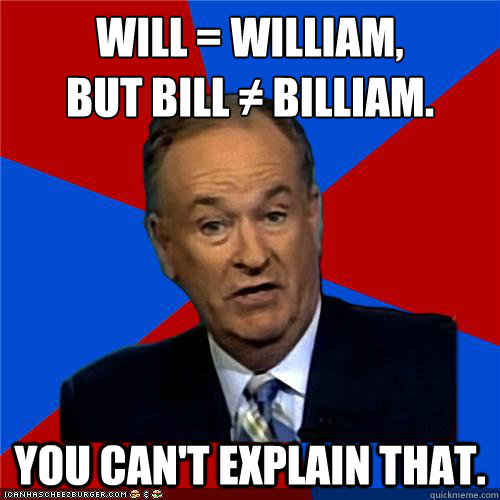 Will = William,
but Bill ≠ Billiam. You can't explain that.  Bill OReilly