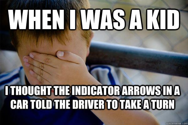 When i was a kid i thought the indicator arrows in a car told the driver to take a turn  Confession kid