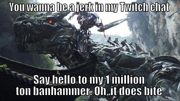 YOU WANNA BE A JERK IN MY TWITCH CHAT SAY HELLO TO MY 1 MILLION TON BANHAMMER. OH, IT DOES BITE Misc