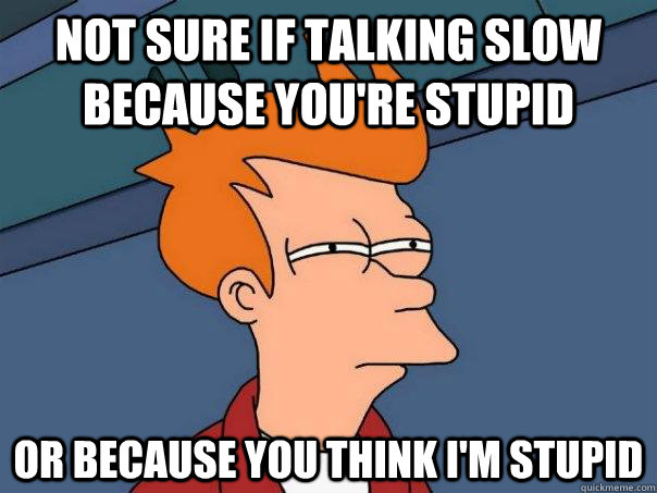 not sure if talking slow because you're stupid or because you think i'm stupid - not sure if talking slow because you're stupid or because you think i'm stupid  Futurama Fry