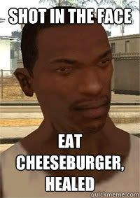 shot in the face eat cheeseburger, healed  