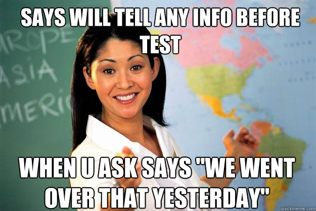 says will tell any info before test when u ask says 