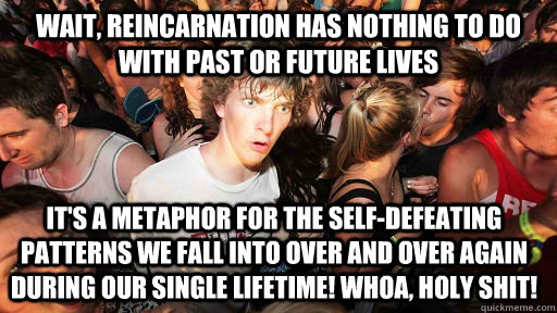 wait, reincarnation has nothing to do with past or future lives it's a metaphor for the self-defeating patterns we fall into over and over again during our single lifetime! whoa, holy shit!  Sudden Clarity Clarence