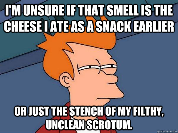 I'm unsure if that smell is the cheese I ate as a snack earlier or just the stench of my filthy, unclean scrotum.  Futurama Fry
