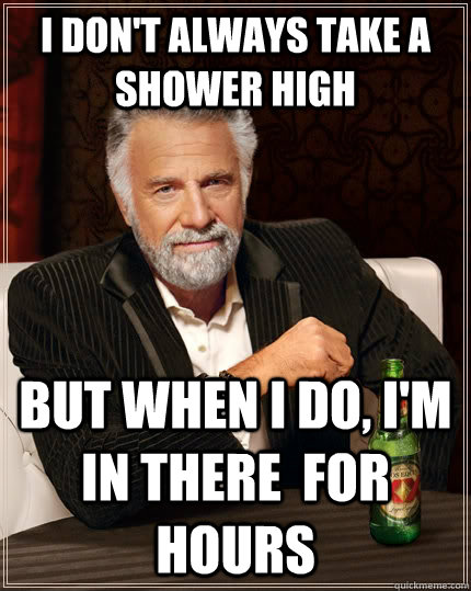 I don't always take a shower high But when I do, I'm in there  for hours  The Most Interesting Man In The World