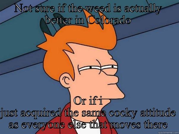 NOT SURE IF THE WEED IS ACTUALLY BETTER IN COLORADO OR IF I JUST ACQUIRED THE SAME COCKY ATTITUDE AS EVERYONE ELSE THAT MOVES THERE Futurama Fry