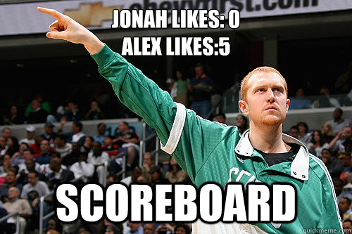 Jonah Likes: 0 
Alex Likes:5 SCOREBOARD   