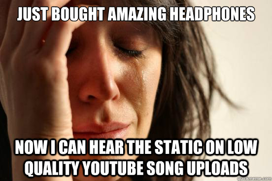Just bought amazing headphones Now I can hear the static on low quality Youtube song uploads  First World Problems