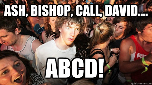 Ash, Bishop, Call, David.... ABCD!  Sudden Clarity Clarence