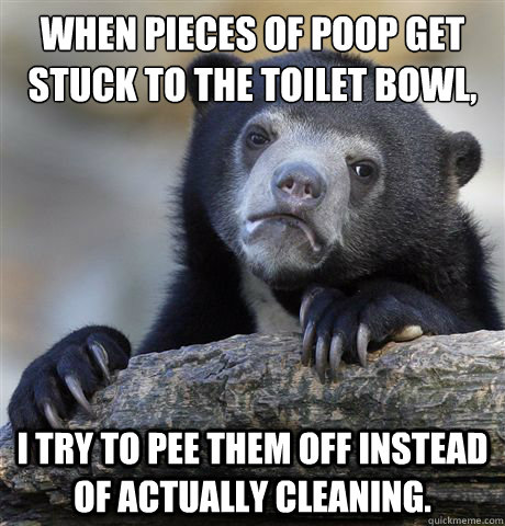 When pieces of poop get stuck to the toilet bowl, I try to pee them off instead of actually cleaning.  Confession Bear